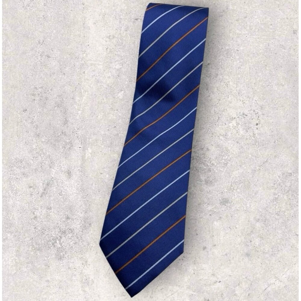 BROOKS BROTHERS Silk Tie USA Blue Orange Gray Striped W:3.5" EUC